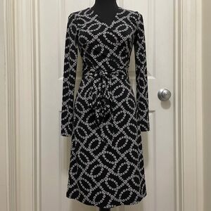 LOFT Midi Wrap Dress Long‎ Sleeve Floral Daisy Chain Print Black White XXS